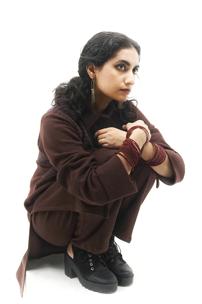 Umber slim fit thermal knit suit.