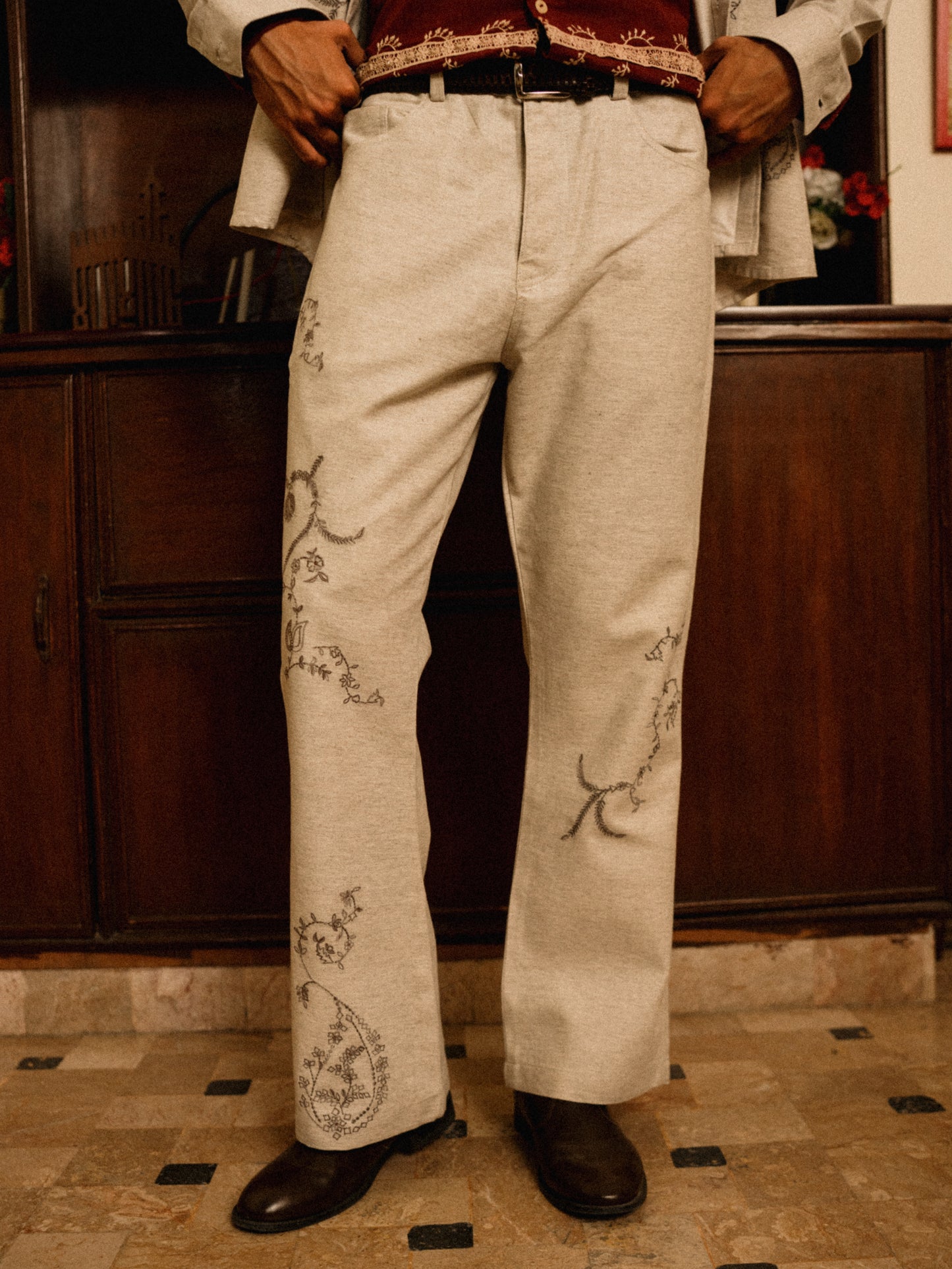Sajilo Embroidered Linen Denim Pants